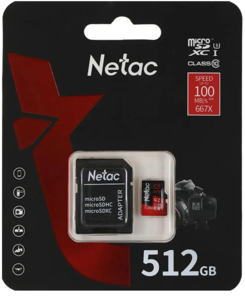 Карта памяти Netac P500 Extreme Pro 512GB Class10 100MB/s (NT02P500PRO-512G-R) + SD adapter