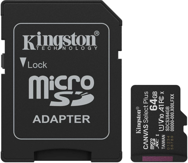 Карта памяти Micro SD Kingston Canvas Select Plus 64GB Class10 150MB/s (SDCS3/64GB) + SD adapter