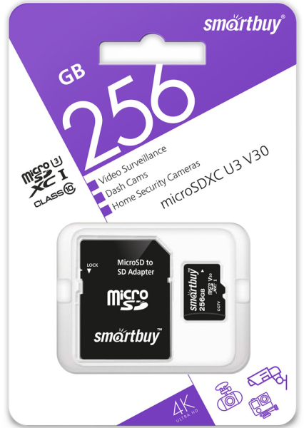 Карта памяти Micro SDXC Smartbuy 256GB Class10 U3 V30 (SB256GBSDCCTV) + SD adapter