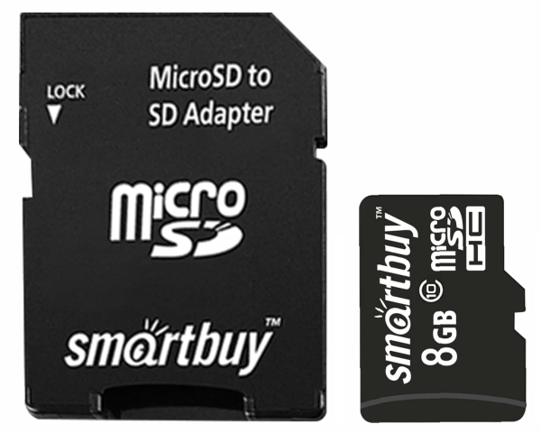 Карта памяти Micro SD Smartbuy 8GB Class10 23MB/s (SB8GBSDCL10-01) + SD adapter