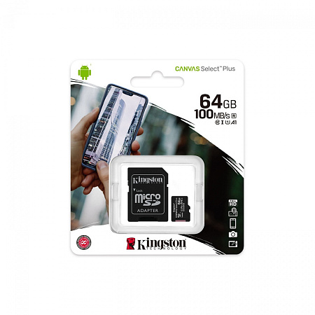 Карта памяти Micro SD Kingston Canvas Select Plus 64GB Class10 100MB/s (SDCS2/64GB) + SD adapter